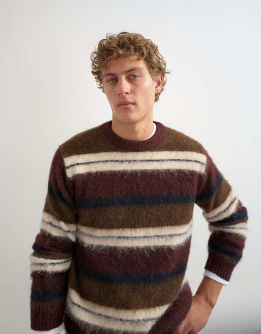 Topman Pullover mit lockerer Passform, flauschig, gestreift, in Burgunderrot, 5 von 5