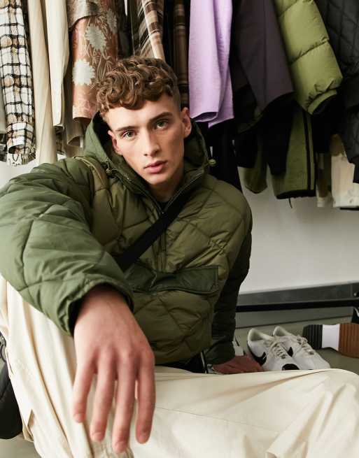 Topman quilted jacket with hood in olive and khaki - KHAKI