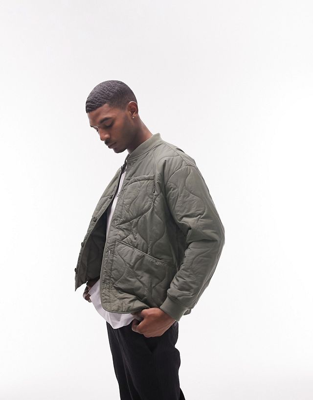 Topman quilted liner jacket with asymmetrical pocket in khaki