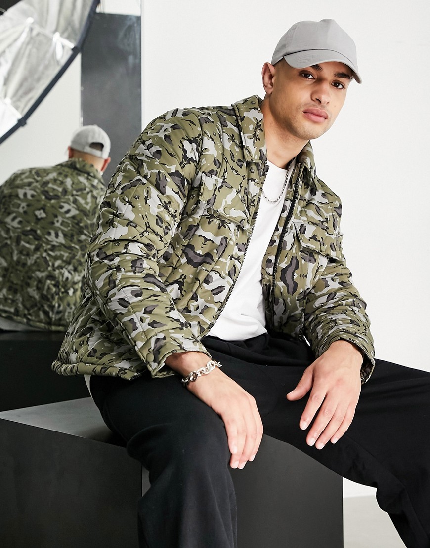 Topman quilted liner jacket with collar in camo print - MULTI