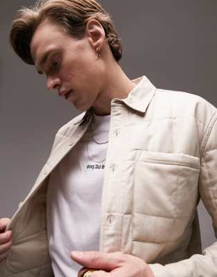 Topman quilted overshirt in stone-Neutral