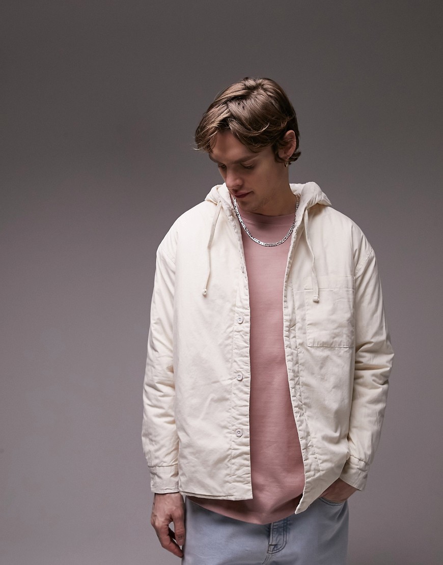 Topman quilted overshirt with hood in cream-White