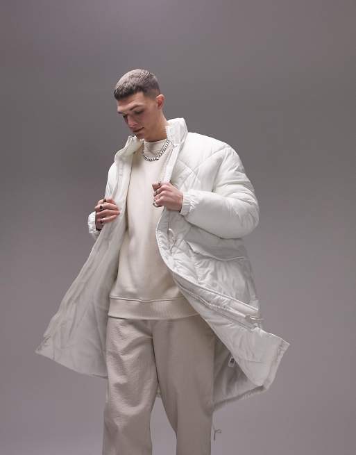 Topman quilted parka with detachable hood in off white