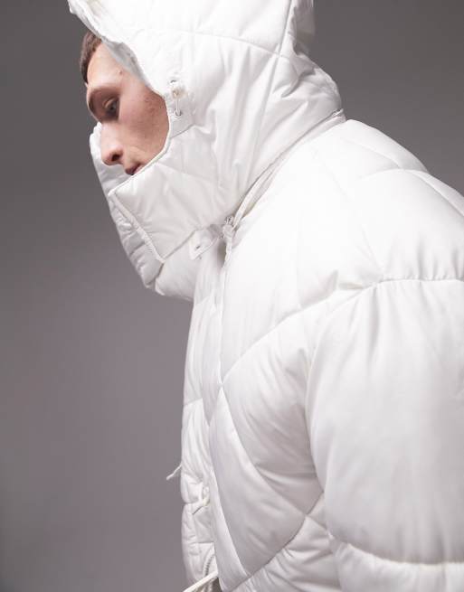 Topman quilted parka with detachable hood in off white