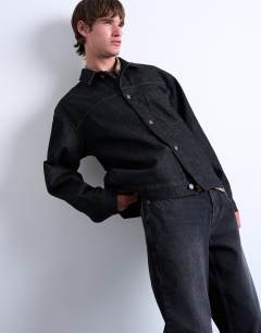 Model wearing Raw denim jacket in black