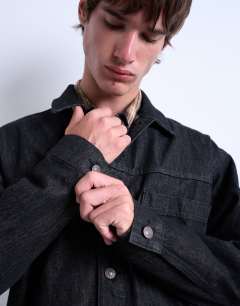 Model wearing Raw denim jacket in black