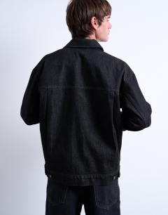 Model wearing Raw denim jacket in black
