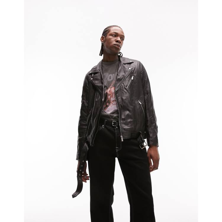 Topman classic fit 2025 leather biker jacket