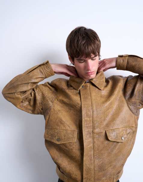 Topman real leather double pocket coat in tan - view 1