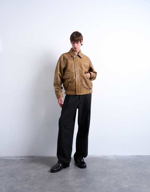 Topman real leather double-pocket coat in tan