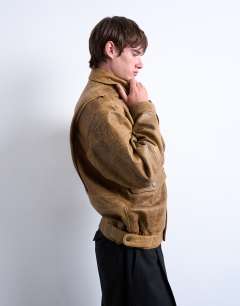 Model wearing Real leather double pocket coat in tan