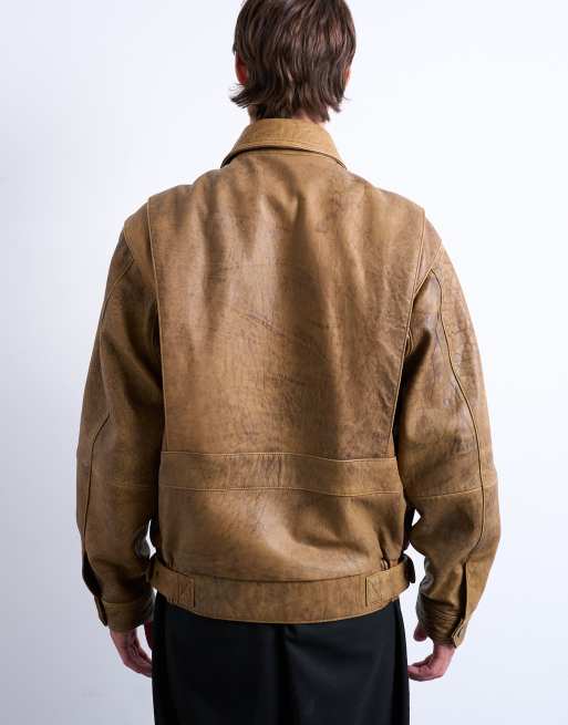 Topman real leather double-pocket coat in tan