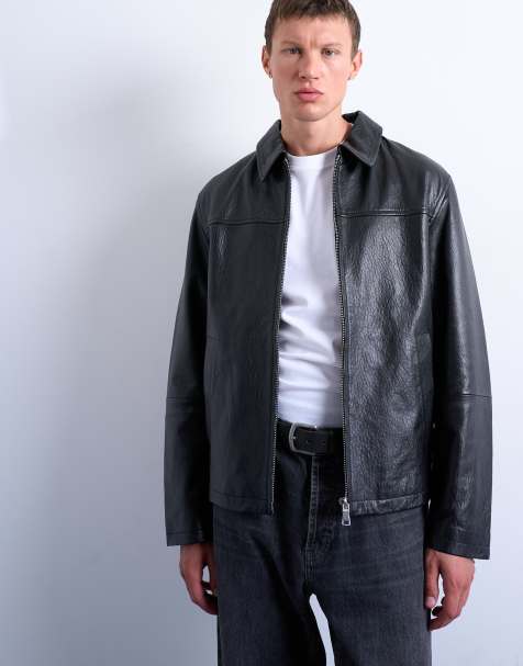 Topman real leather harrington jacket in black - view 1