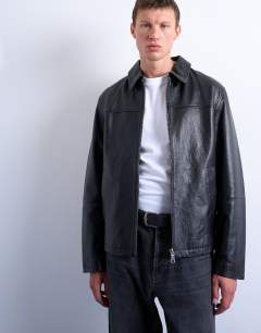 Real leather harrington jacket in black