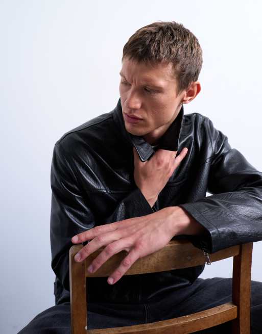 Topman real leather harrington jacket in black, 2 of 5