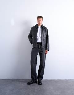 Model wearing Real leather harrington jacket in black