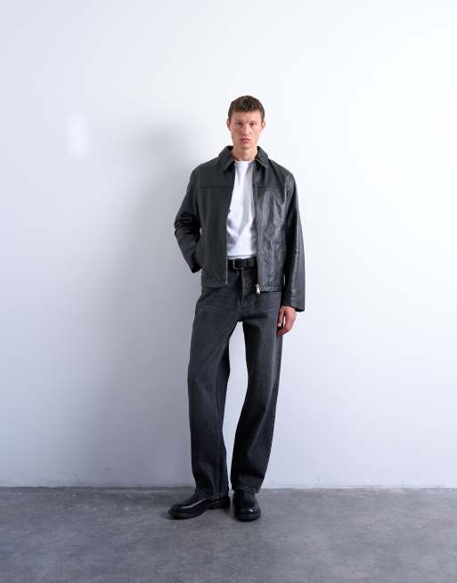 Topman real leather harrington jacket in black, 3 of 5