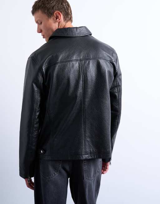 Topman real leather harrington jacket in black, 5 of 5
