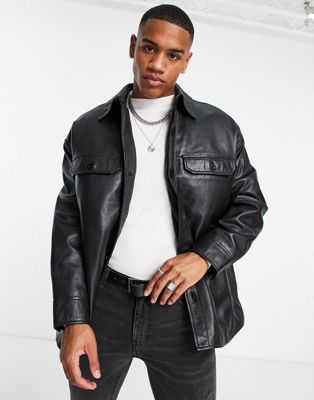 Topman real leather shacket in black | ASOS