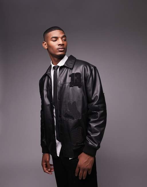 Topman real leather varsity jacket with patches in black | ASOS