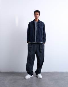 Model wearing Real suede racer jacket in navy