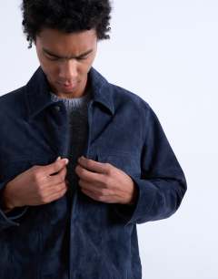 Model wearing Real suede racer jacket in navy
