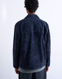 Model wearing Real suede racer jacket in navy