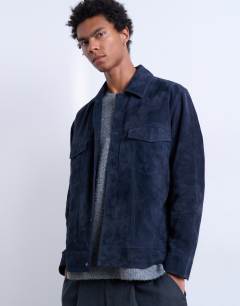 Model wearing Real suede racer jacket in navy