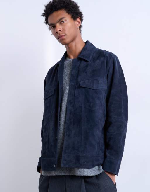 Topman real suede racer jacket in navy | ASOS