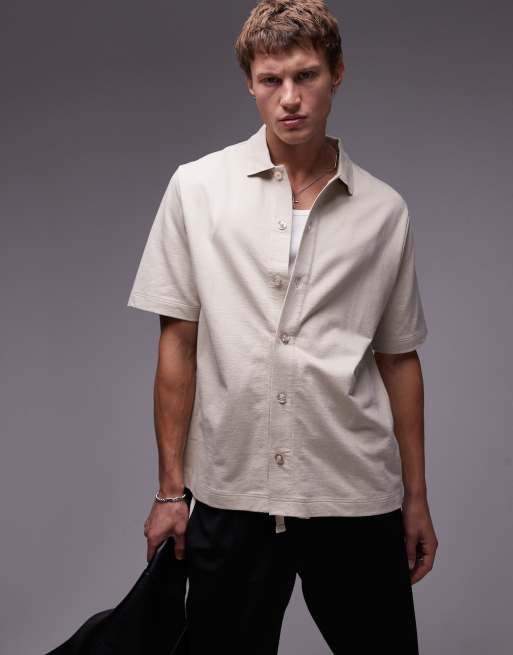 Topman - Recht jersey overhemd met knoopsluiting in stone