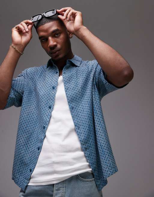Topman - Recht overhemd met korte mouwen en geborduurde stikseldetails in blauw, deel van co-ord set
