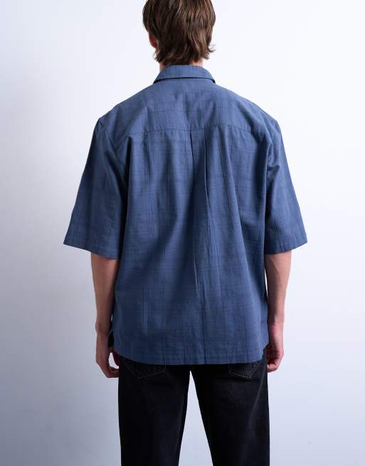 Topman - Recht overhemd met korte mouwen en textuur in middenblauw, 4 van 5