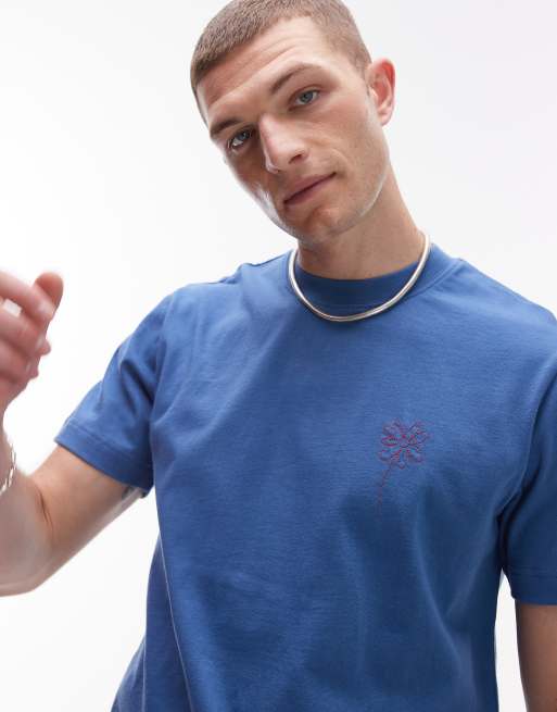 Topman - Recht T-shirt met geborduurde boem in blauw