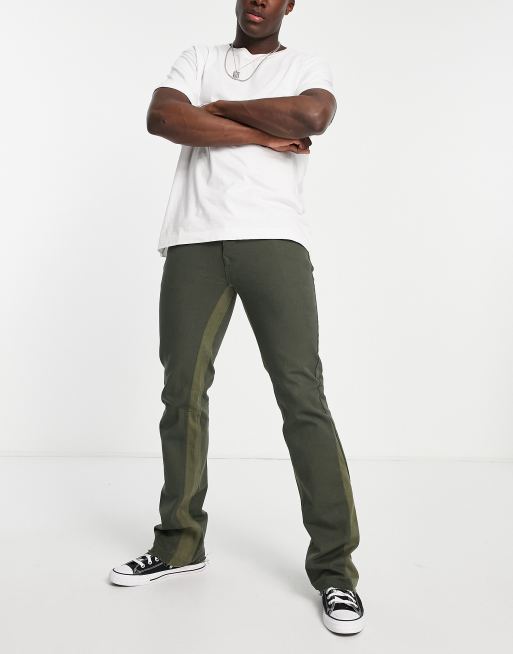 Topman - Rechte jeans in kaki met ingezette, contrasterende flare panelen, 2 van 4