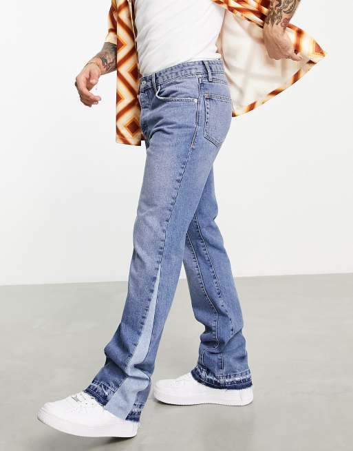 Topman - Rechte jeans met ingezette flared pijpen in mid-wash 