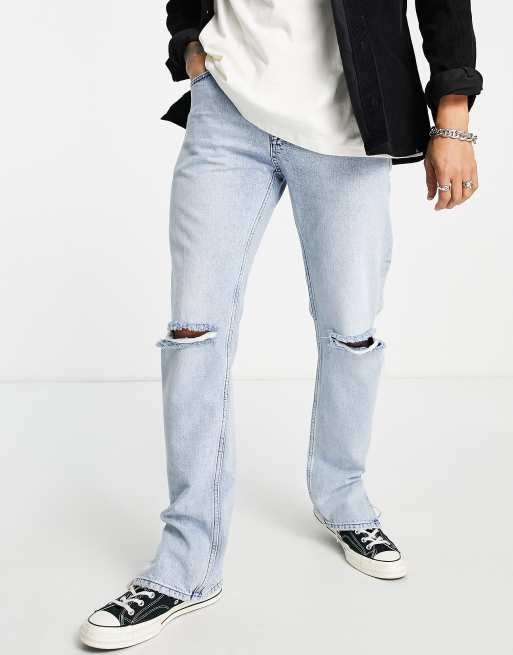 Topman - Rechte jeans met split in de zoom en scheuren in lichte wassing blauw
