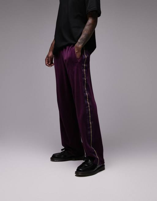 Topman - Rechte joggingbroek van velours met zijbies in paars 