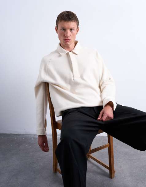 Topman - Rechte polosweater met raglanmouwen en textuur in ecru - view 1