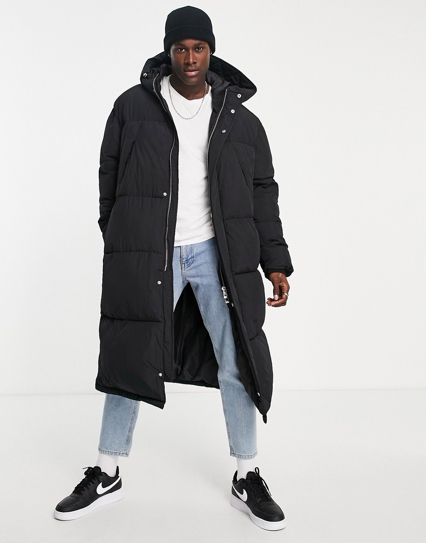 Topman recycled extra longline puffer jacket with hood in black