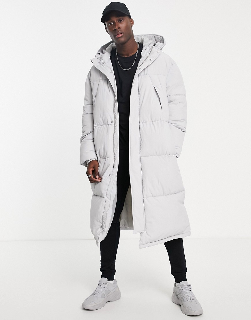Topman recycled extra longline puffer jacket with hood in gray-Grey