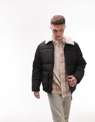 Topman Puffer With Borg Collar In Black Black ModeSens