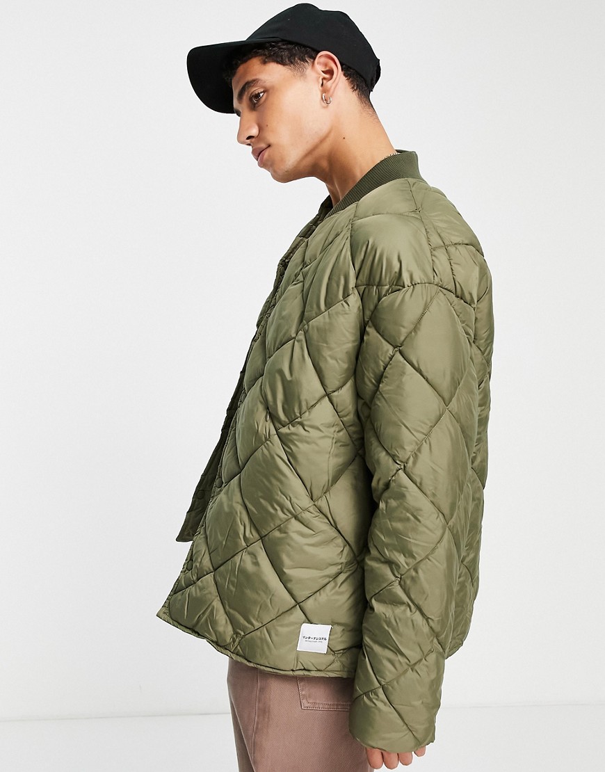 Topman recycled quilted bomber jacket in olive-Green