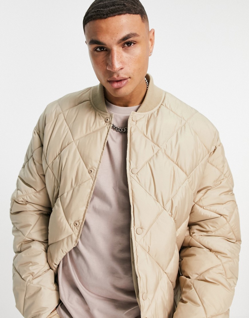 Topman recycled quilted bomber jacket in stone-Neutral