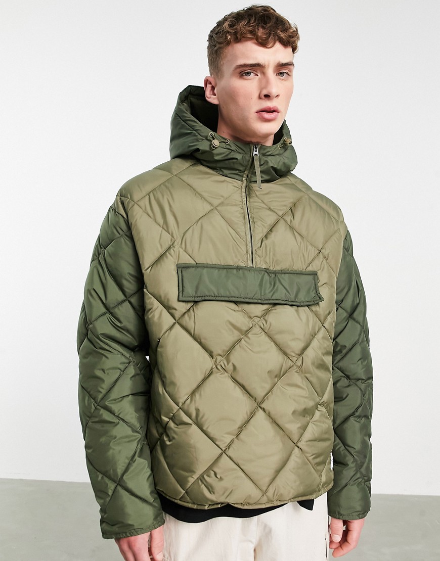 Topman recycled quilted jacket with hood in olive and khaki-Green