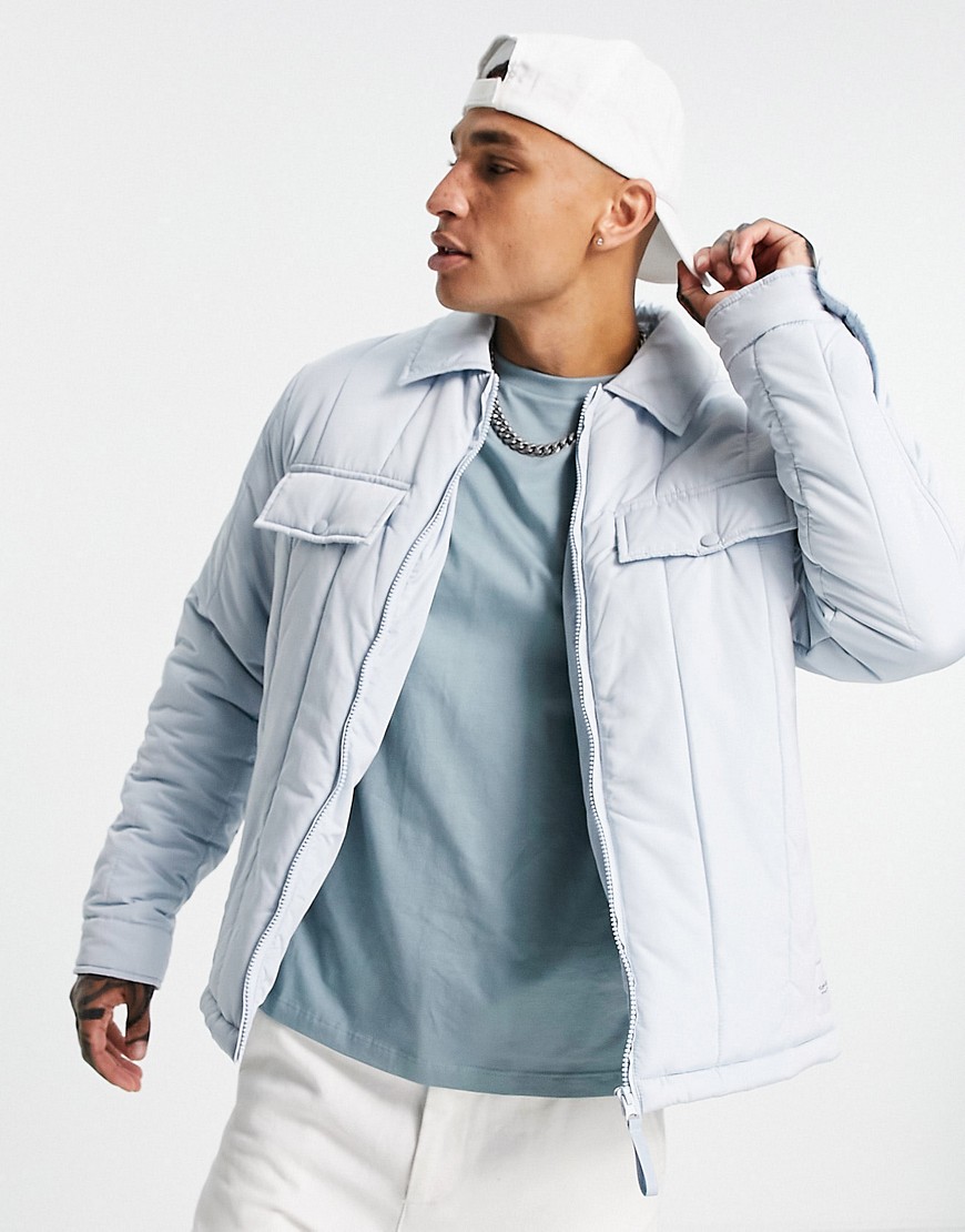 Topman recycled quilted liner jacket with collar in light blue-Blues