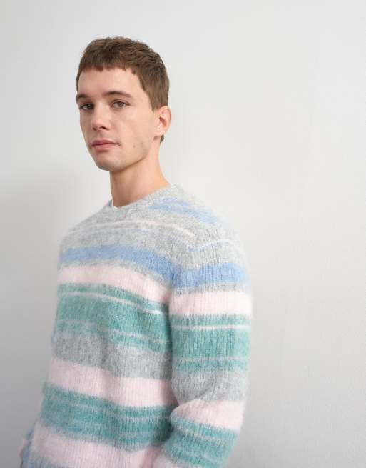 Topman regular fit abstract striped knitted jumper in grey, 2 of 5