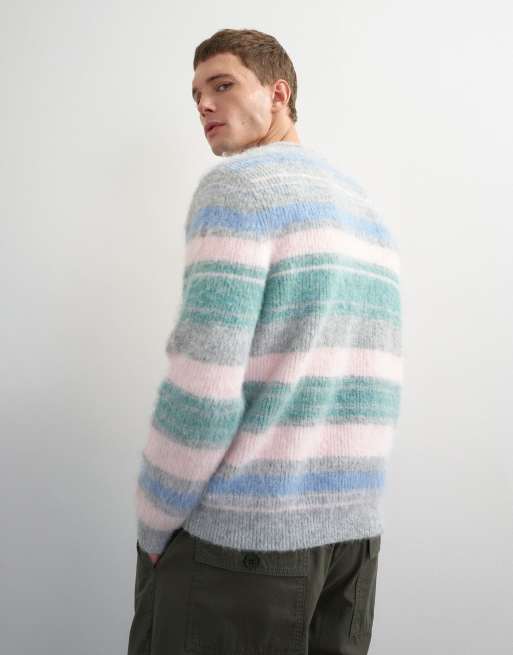 Topman regular fit abstract striped knitted jumper in grey, 3 of 5