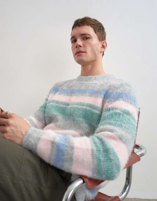 Topman regular fit abstract striped knitted jumper in grey, 4 of 5
