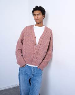 Regular fit cable knitted cardigan in pink