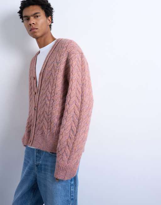 Topman regular fit cable knitted cardigan in pink, 5 of 5